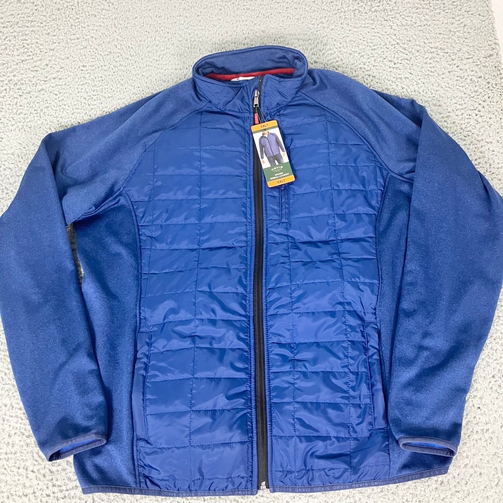 Orvis Mixed Media Jacket Mens XXLT Blue Quilted Puffer Softshell Hybrid Full Zip